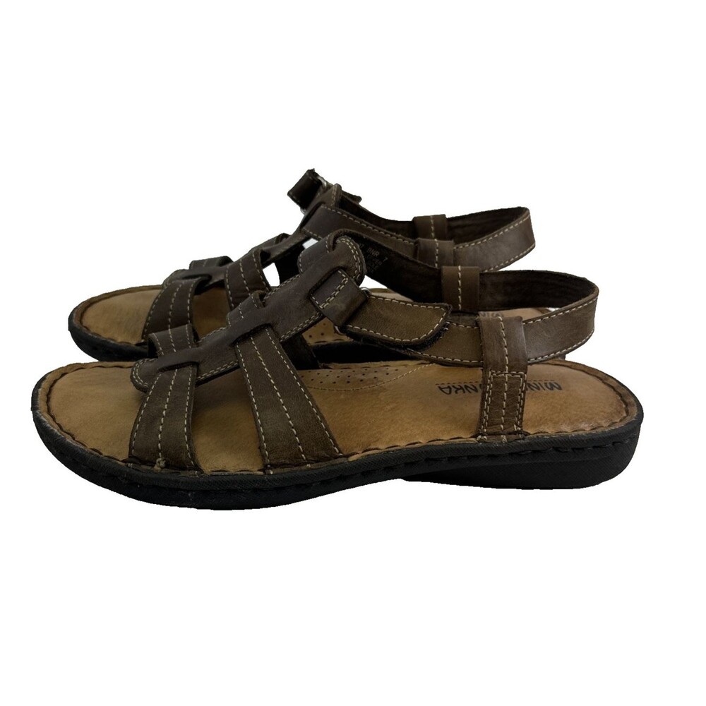 Minnetonka Strappy Sandal Brown Leather Flat Adjustable Comfort 70107 Womens‎ 7